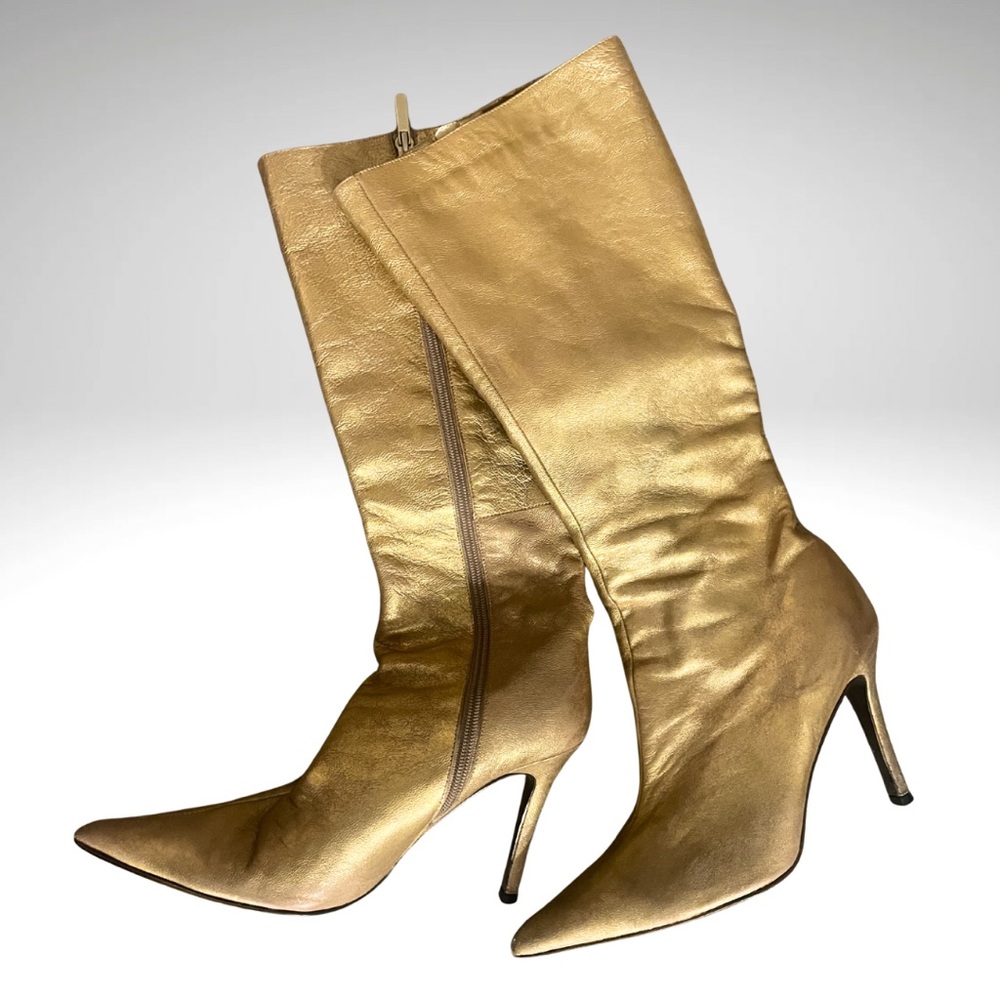 Gold Pointed-Toe Knee-High Stiletto Boots
